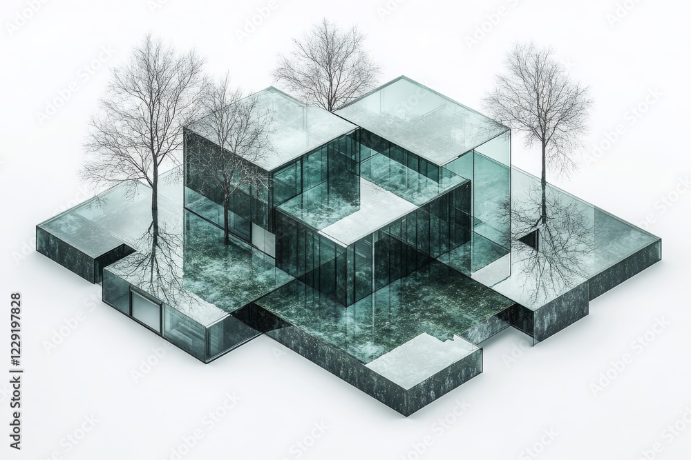 Poster Modern Architectural Design with Glass Structures Surrounded by Trees in a Snowy Landscape, Emphasizing Minimalism and Transparency in a Crisp Winter Setting