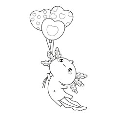 Outline Axolotl flying with balloons hearts. Little festive cartoon kawaii animal character. Line drawing, coloring book. Vector illustration. Kids collection