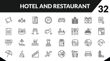outline hotel and restaurant icons set. editable linear people, cookbook, parking, and other 29 icons in this category isolated on transparent background.