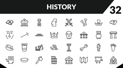outline history icons set. editable linear museum, skeleton, moais, and other 29 icons in this category isolated on transparent background.