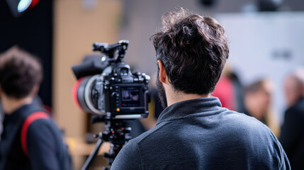 Man with camera capturing seminar event, focused on photography and videography. atmosphere is lively with attendees engaged in discussions