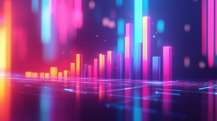 Vibrant digital bar chart with neon pink and blue colors. Futuristic data visualization and analytics concept