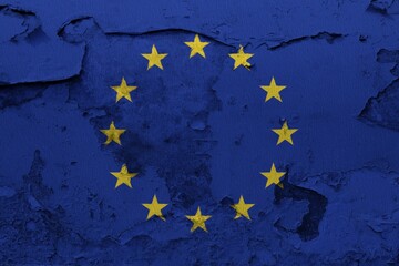 European Union Flag painted on the cracked grunge concrete wall