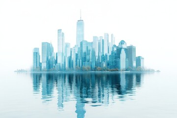Obraz premium Ethereal Urban Landscape Reflected in Calm Waters, Showcasing Skyscrapers and Modern Architecture with a Soft and Dreamy Atmosphere