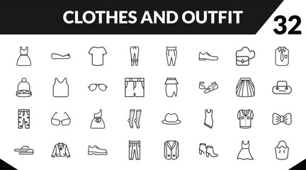 outline clothes and outfit icons set. editable linear flat shoes, cotton polo shirt, leggins, and other 29 icons in this category isolated on transparent background.