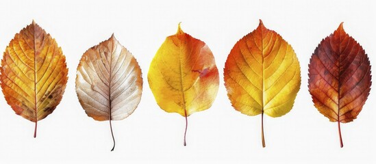 Obraz premium Five varied fall leaves in shades of orange, yellow, and red displayed in a row against a white backdrop, AI generated