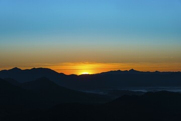 Sunrise over mountains, Vang Vieng, Vientiane, Laos, Asia
