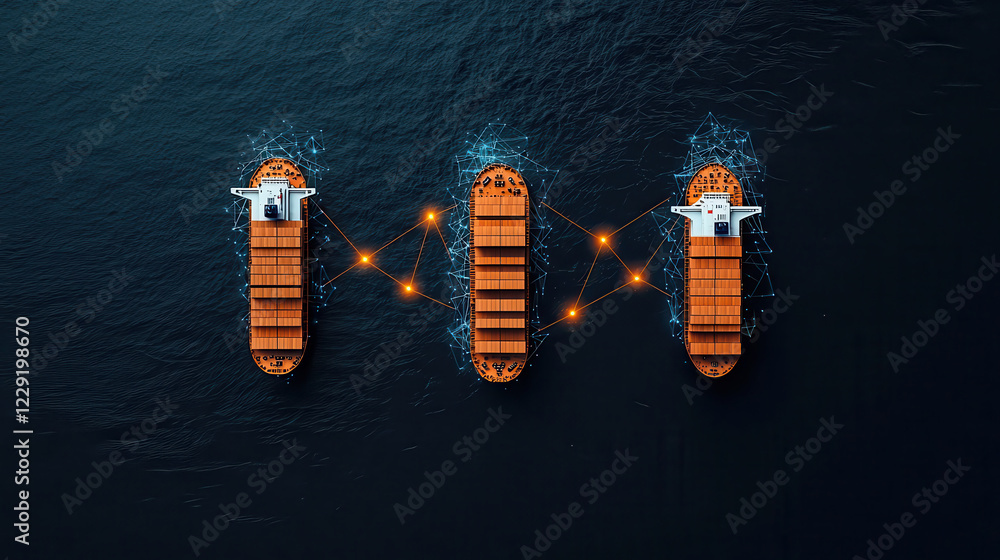 Poster cinematic view of cargo ships connected by digital networks on water, symbolizing global trade and l