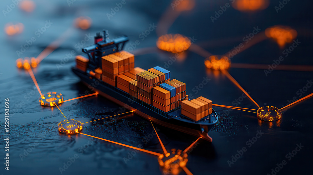 Poster cargo ship loaded with containers navigates digital trade network, symbolizing global commerce and c