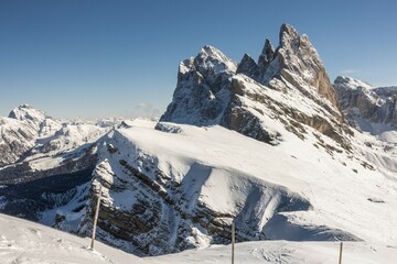 Odle group in winter, Puez-Geisler group, St. Cristina in Val Gardena, Dolomites, South Tyrol, Alto...