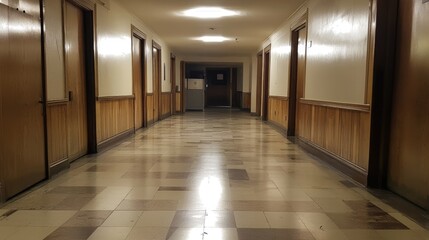 Long Empty Hallway With Wooden Doors and Walls