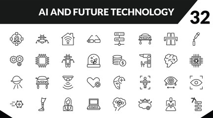 outline ai and future technology icons set. editable linear robot assistant, smart home, ar monocle, and other 29 icons in this category isolated on transparent background.