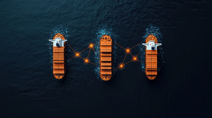 Cinematic view of cargo ships connected by digital networks on water, symbolizing global trade and logistics. image conveys innovation and connectivity in maritime transport