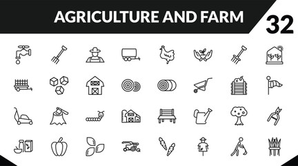 outline agriculture and farm icons set. editable linear pitchfork, farmer, trailer, and other 29 icons in this category isolated on transparent background.