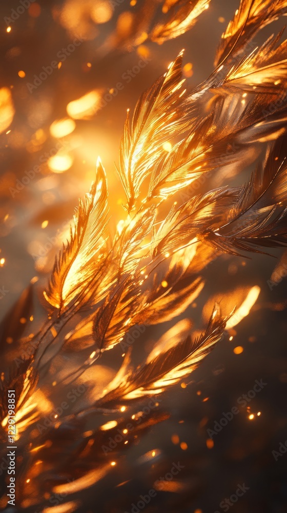 Poster close-up of golden feathers glowing in sunlight, surrounded by sparkling light particles, creating a