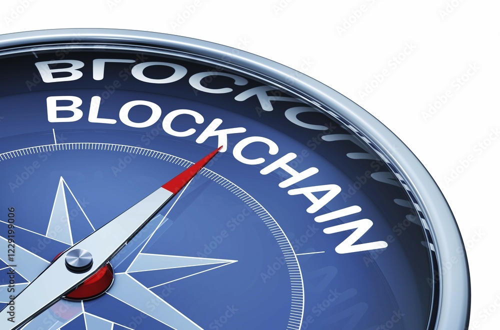 Poster 3d rendering of a compass with the word blockchain