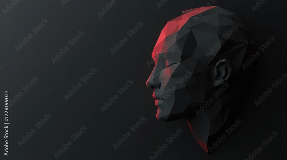 Poster abstract polygonal head outline on dark backdrop with mock up place. ai and human mind concept. 3d r