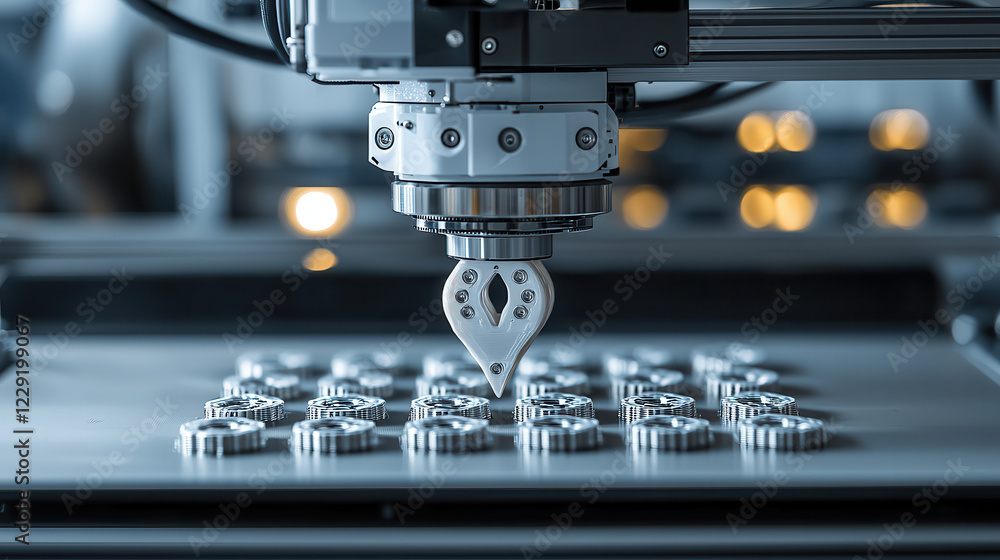 Poster close up of robotic arm gripping metallic components in modern manufacturing facility, showcasing precision and advanced technology in production