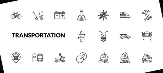 outline transportation icons set. editable linear baby trolley, workshop repair, gearshift, and other 15 icons in this category isolated on transparent background.