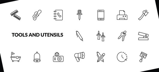 outline tools and utensils icons set. editable linear rubber bands, telephone agenda, auger, and other 15 icons in this category isolated on transparent background.