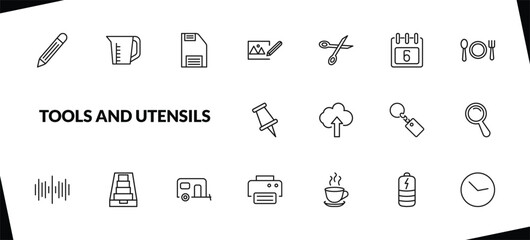 outline tools and utensils icons set. editable linear pitcher with levels, face down floppy disk, edit picture, and other 15 icons in this category isolated on transparent background.