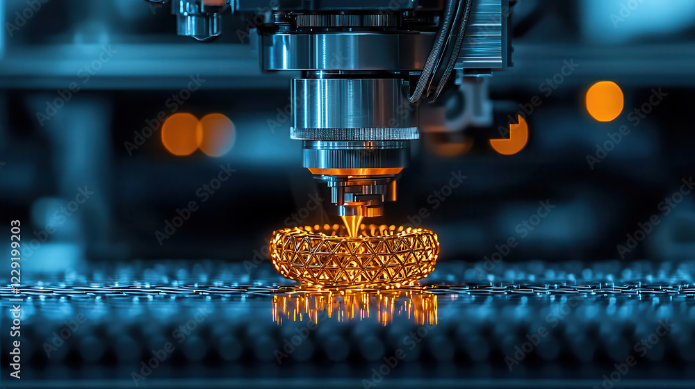 Aufkleber close up of 3D printer creating intricate medical prosthetics, showcasing advanced technology and precision in manufacturing. warm glow highlights innovative process