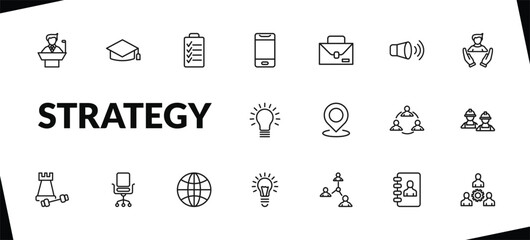 outline strategy icons set. editable linear graduation, planning, smartphone, and other 15 icons in this category isolated on transparent background.