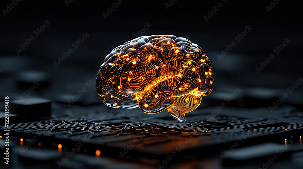 Leinwandbilder close up of translucent digital brain with intricate circuitry, glowing with orange lights, symbolizing advanced technology and artificial intelligence