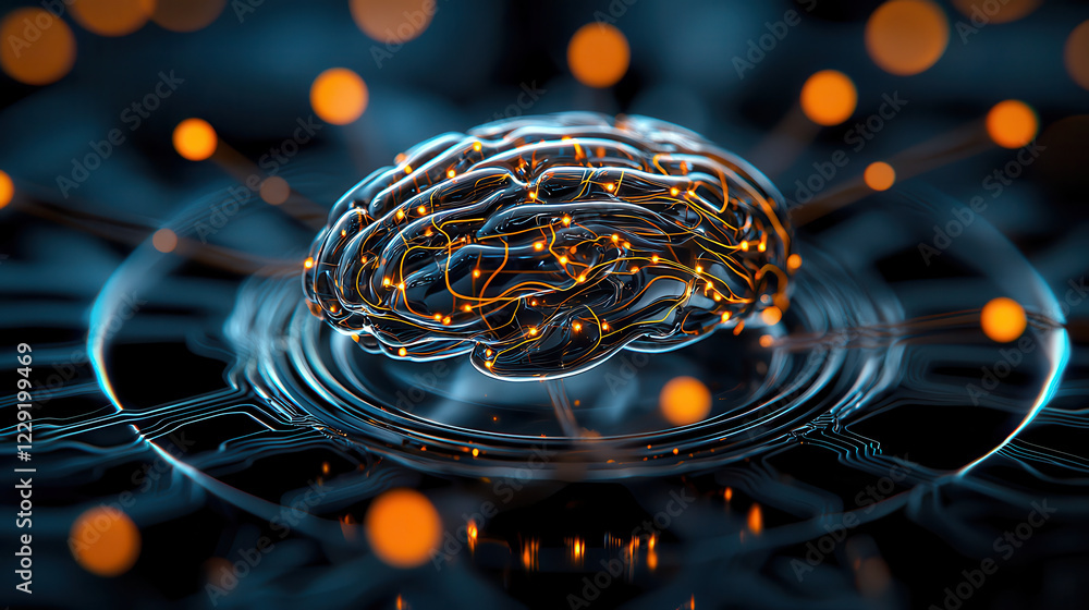Poster close up of translucent digital brain with intricate neural connections and glowing orange nodes, symbolizing advanced technology and artificial intelligence