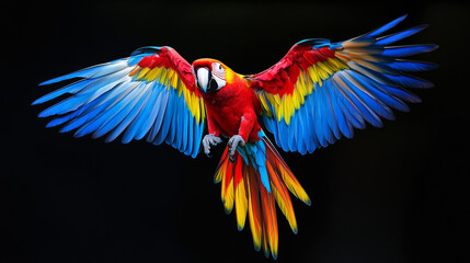 Fototapeta premium A brightly colored parrot with a blurred background filled with light spots. The feathers of parrots are mainly orange and yellow, and their eyes are large and bright, making them very cute. 