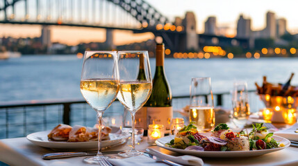 Fototapeta premium romantic outdoor dining experience with wine and gourmet food, featuring stunning view of city skyline and bridge at sunset