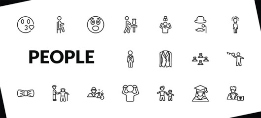 outline people icons set. editable linear sit down, surprised smile, sculptor working, and other 15 icons in this category isolated on transparent background.