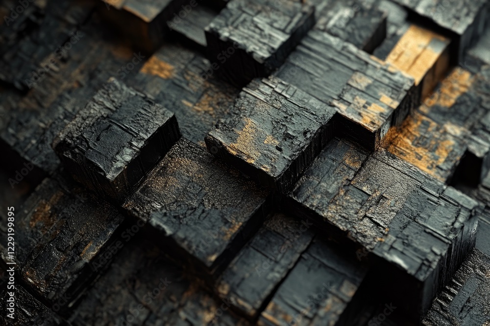 Poster close-up view of abstract dark textured blocks made of wood showcasing chaotic, geometric patterns. 