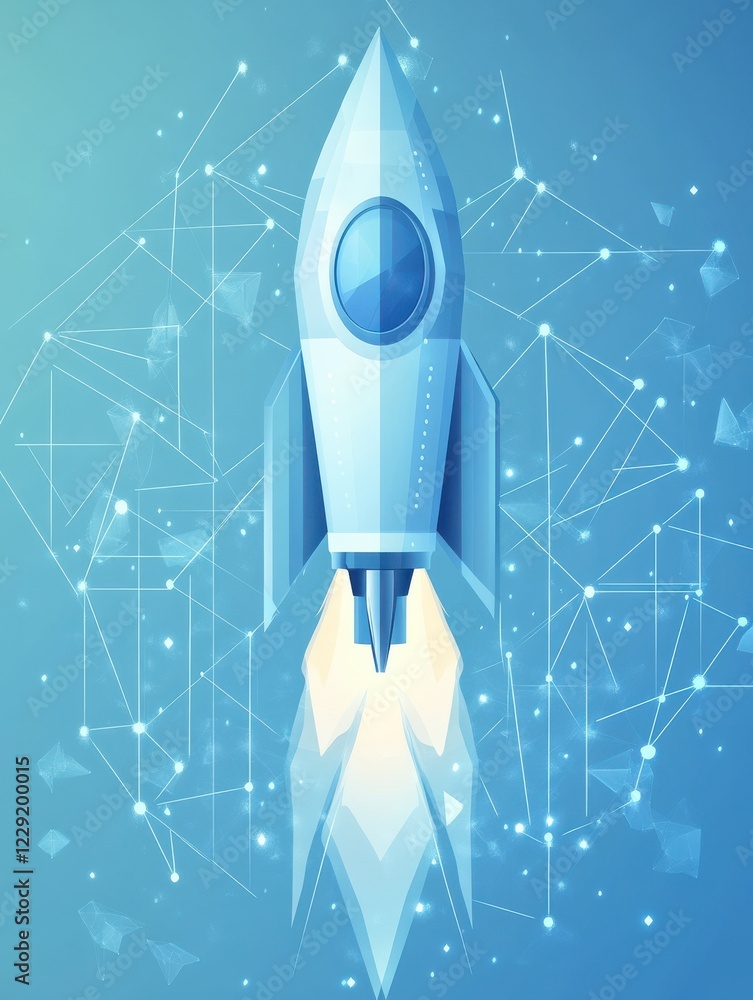 Poster abstract growth graph chart with launch rocket on technology blue background. startup and success bu