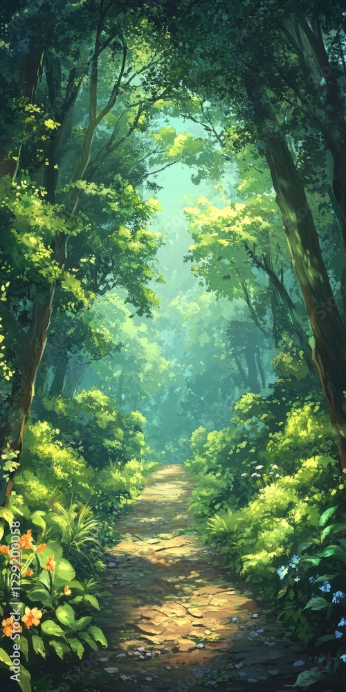 Aufkleber a forest path with trees on either side. the path is narrow and surrounded by trees. the sunlight is
