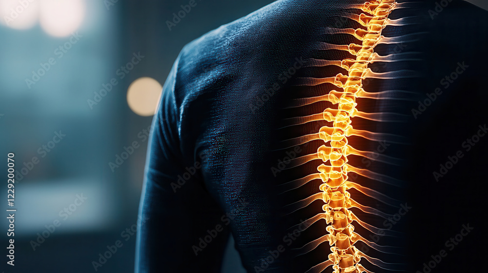 Poster close up x ray image of person back showing spine, highlighting its structure and alignment. glowing