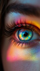 A kaleidoscope of light dances across a captivating eye, revealing vibrant hues