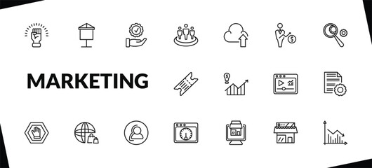 outline marketing icons set. editable linear banner, execution, affiliate, and other 15 icons in this category isolated on transparent background.