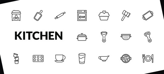 outline kitchen icons set. editable linear cutting board, rolling pin, dishwasher, and other 15 icons in this category isolated on transparent background.
