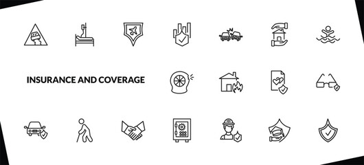 Fototapeta premium outline insurance and coverage icons set. editable linear hospitalization, air travel insurance, actual cash value, and other 15 icons in this category isolated on transparent background.