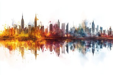 Obraz premium Vibrant Abstract City Skyline with Colorful Reflections on Water Creating a Dreamlike Urban Landscape in a Contemporary Art Style