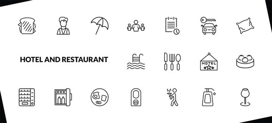 outline hotel and restaurant icons set. editable linear valet, beach umbrella, people, and other 15 icons in this category isolated on transparent background.