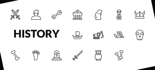 outline history icons set. editable linear staff, tool, museum, and other 15 icons in this category isolated on transparent background.