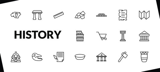 outline history icons set. editable linear arc, ruler, stone, and other 15 icons in this category isolated on transparent background.