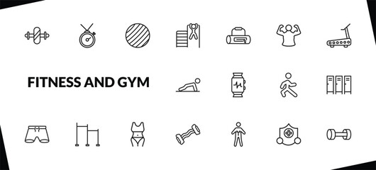 outline fitness and gym icons set. editable linear training watch, gymnastic ball, tightening bar, and other 15 icons in this category isolated on transparent background.