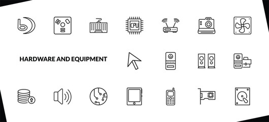 outline hardware and equipment icons set. editable linear firewire, keyboard wire, gpu, and other 15 icons in this category isolated on transparent background.