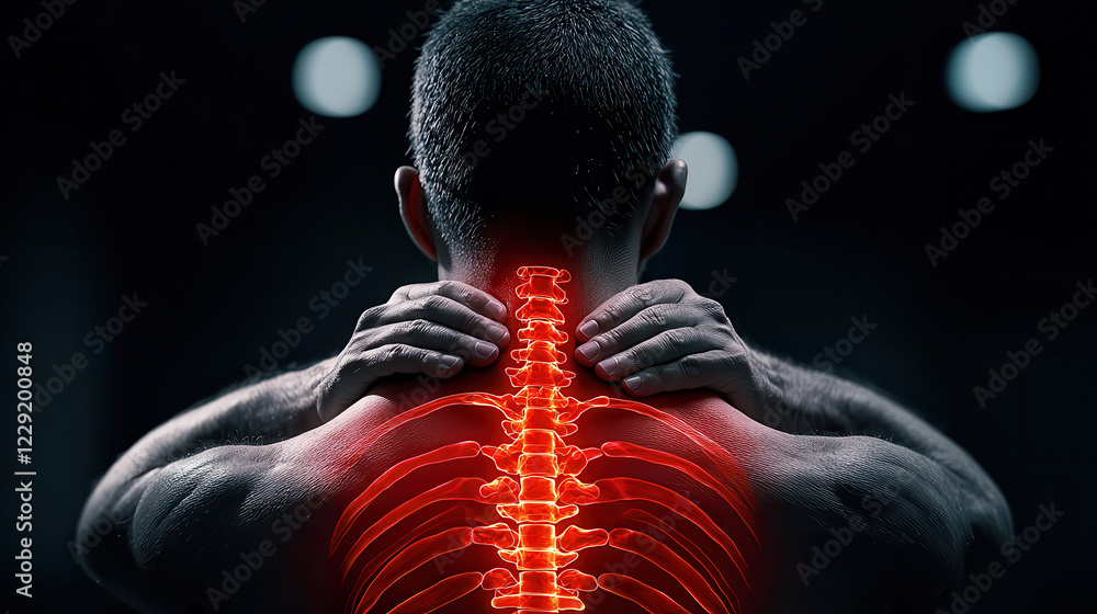 Poster conceptual x ray image showing human body with highlighted spine and ribs, emphasizing anatomy and h