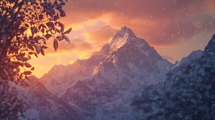 Obraz premium Majestic snowcapped mountain peak at sunset during snowfall
