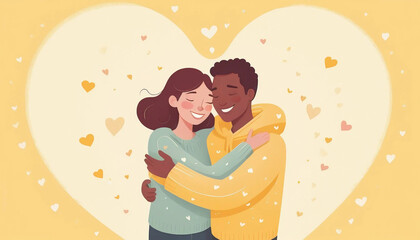 A cute cartoon-style illustration of two characters hugging, surrounded by hearts and sparkles. Perfect for Valentine’s Day cards, social media, and romantic-themed content.