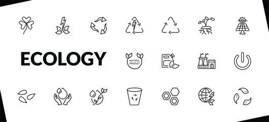 outline ecology icons set. editable linear green energy source, recycle, renewable energy, and other 15 icons in this category isolated on transparent background.